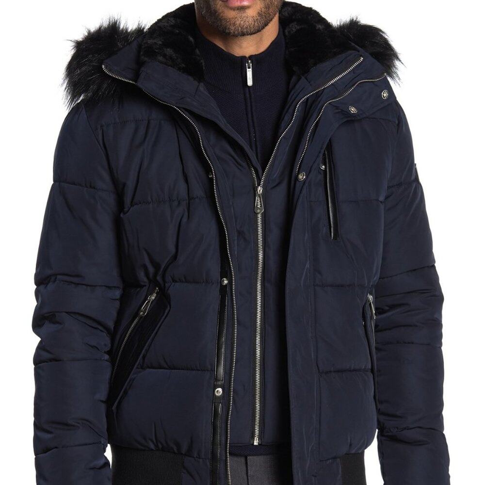 Noize Nixon Faux Fur Trim Bomber Jacket Front Zip Long Sleeves Blue XX-Large NWT